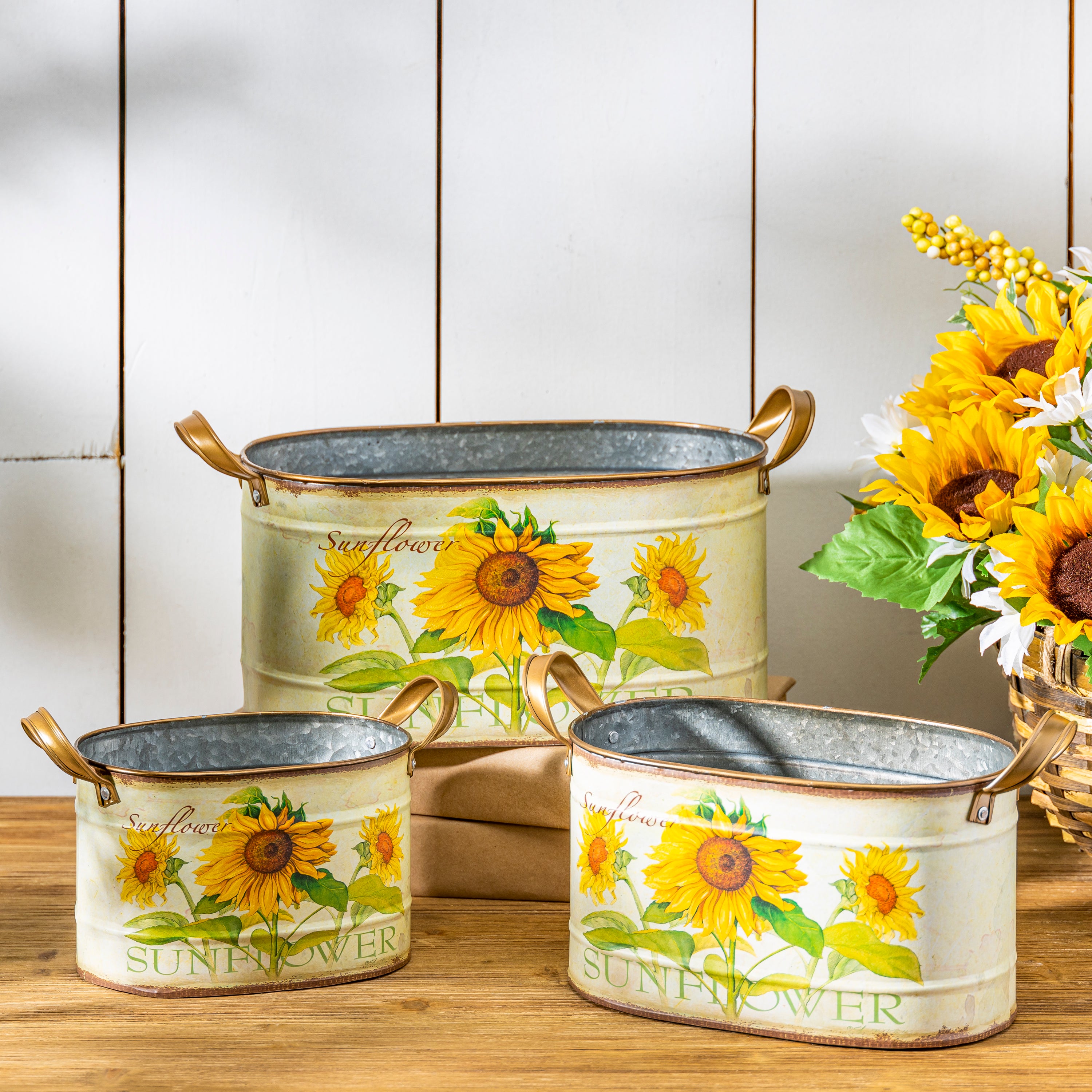 Nesting Metal Sunflower Design Buckets, set of 3